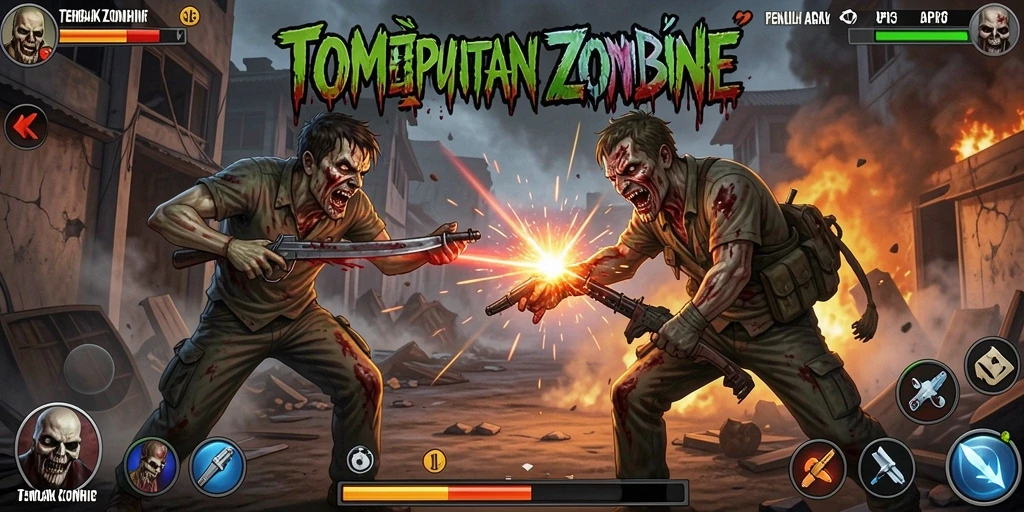Antarmuka permainan API36 yang menampilkan aksi tembak zombie yang mendebarkan.