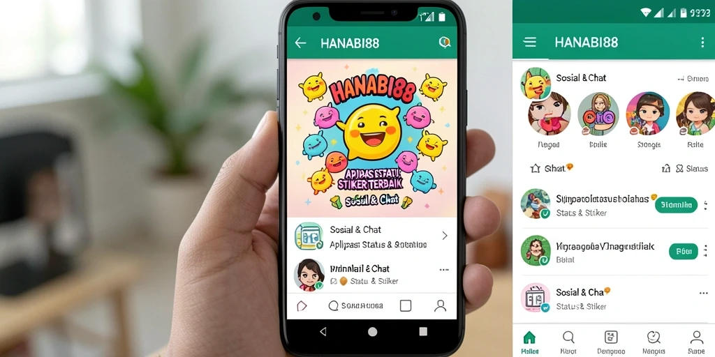 Antarmuka aplikasi HANABI88 dengan pilihan status dan stiker yang menarik.