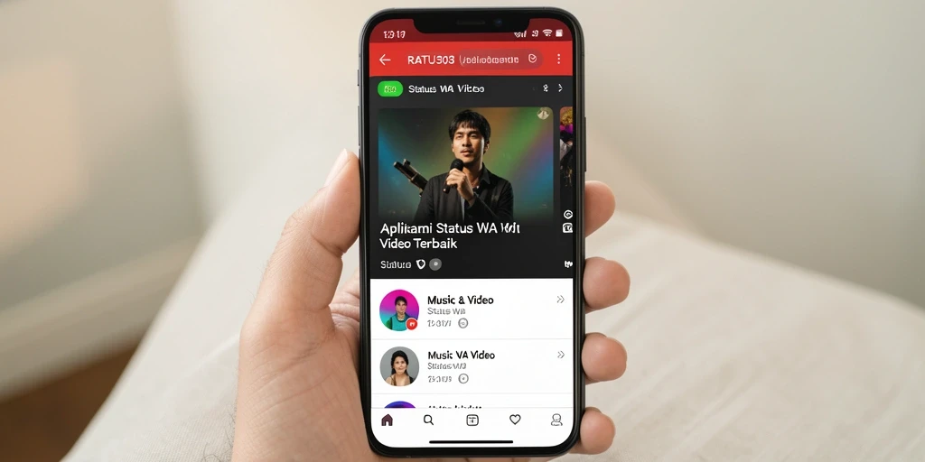 Screenshot menunjukkan tampilan antarmuka utama RATU303 untuk Status WA Video.