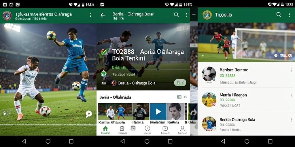 Antarmuka aplikasi TO288 yang menampilkan berita dan statistik olahraga bola.